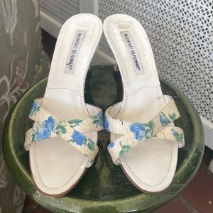 Manolo Blahnik white slip heels with blue floral detailing